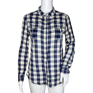 Anthropologie Holding‎ Horses Shirt Womens 2 Blue White Plaid Metal Snap Western